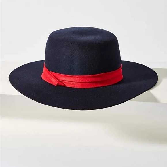 Anthropologie Wool Navy Blue Boater Wide Rim Floppy Hat Festival Boho - Picture 2 of 12